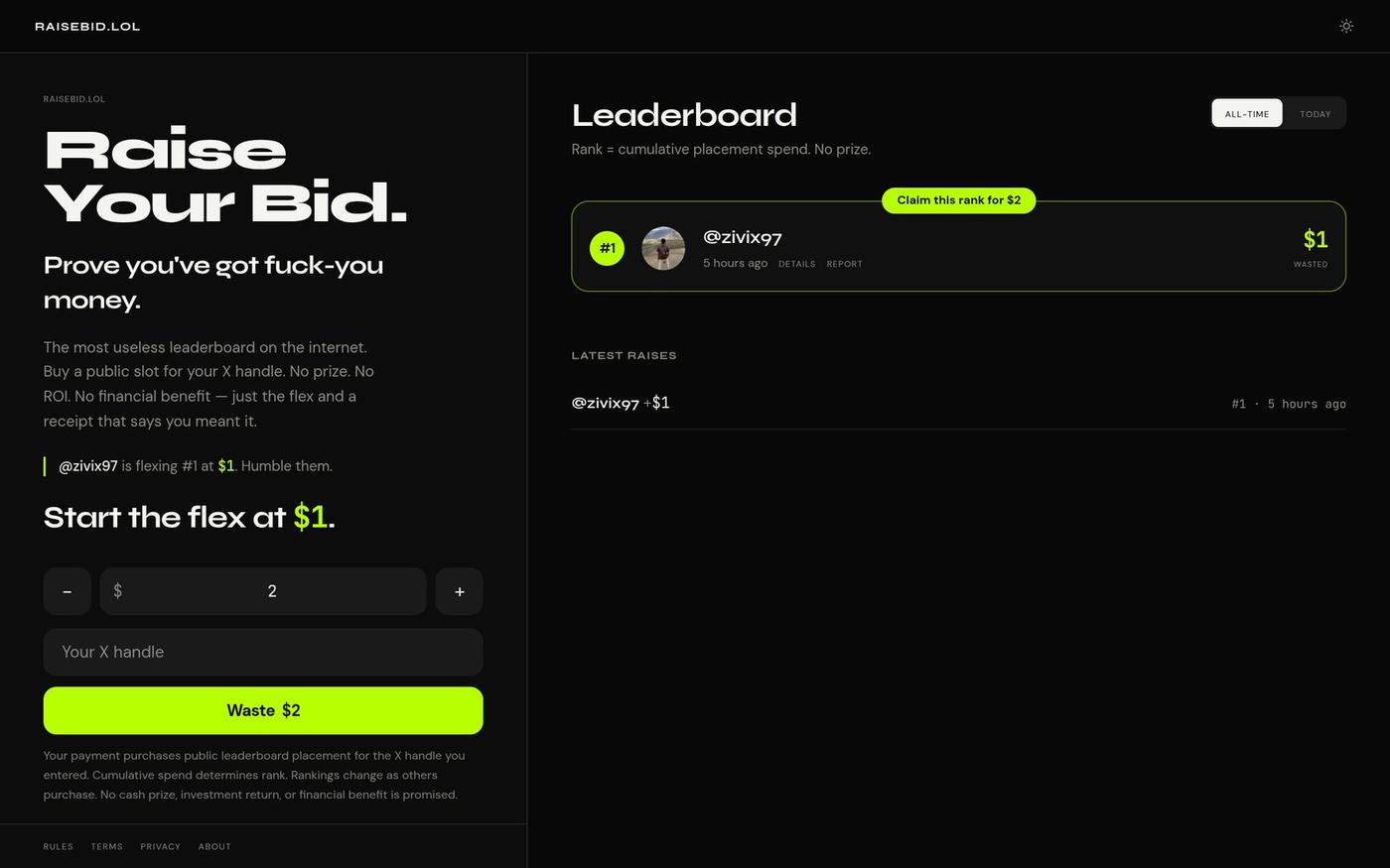 raisebid.lol — The most useless leaderboard on the internet. — screenshot