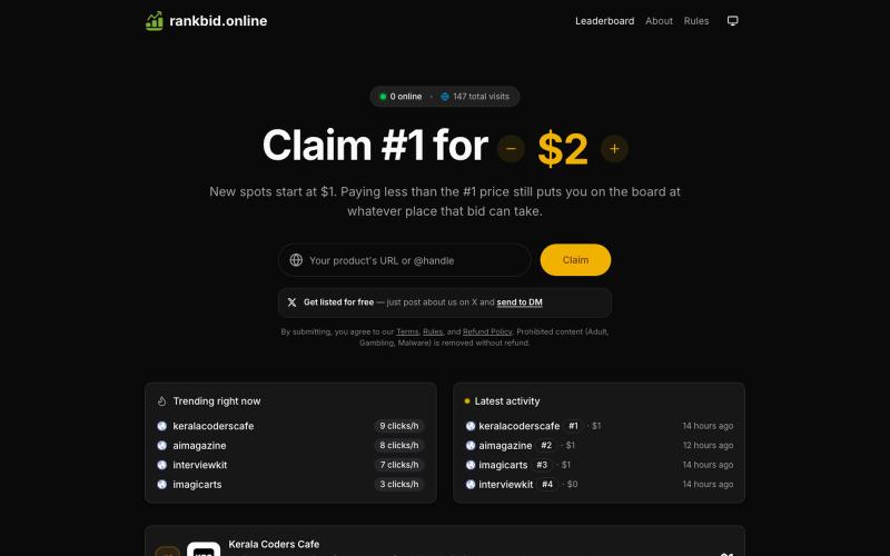 rankbid.online - Public Website Leaderboard & Promotional Directory — screenshot