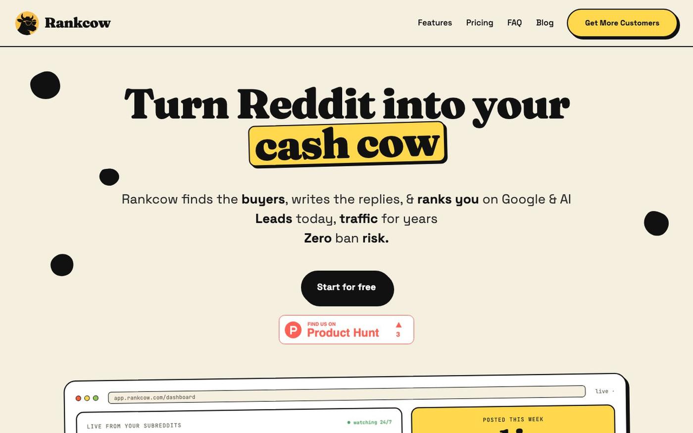 Rankcow: Turn Reddit Into Your Cash Cow. Zero Ban Risk. — screenshot
