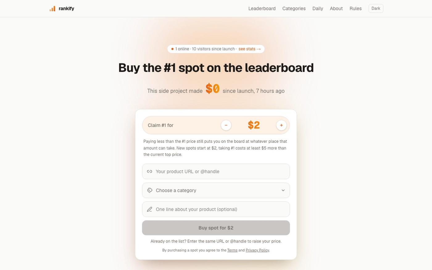 Rankify — buy a sponsored spot on the leaderboard — screenshot