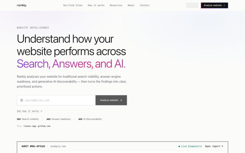 Rankly — Website Audit for SEO, AEO & GEO Visibility — screenshot