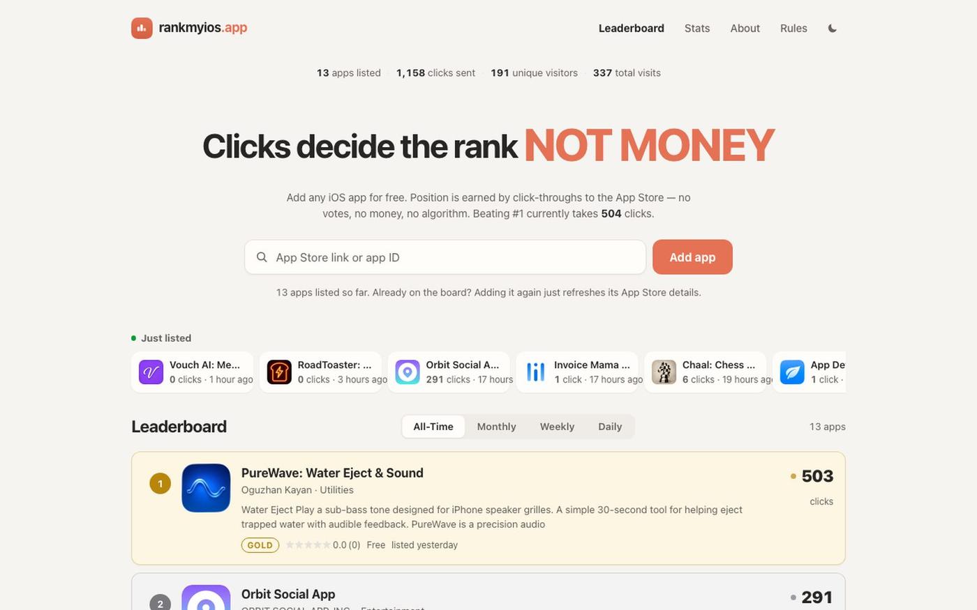 rankmyios.app — the iOS leaderboard ranked by clicks — screenshot