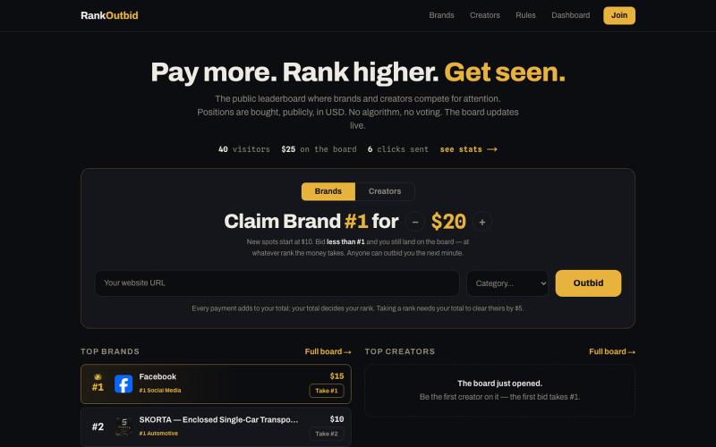 RankOutbid — Pay more. Rank higher. Get seen. — screenshot