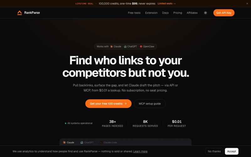 Backlink data for any domain. Pay per lookup — RankParse — screenshot