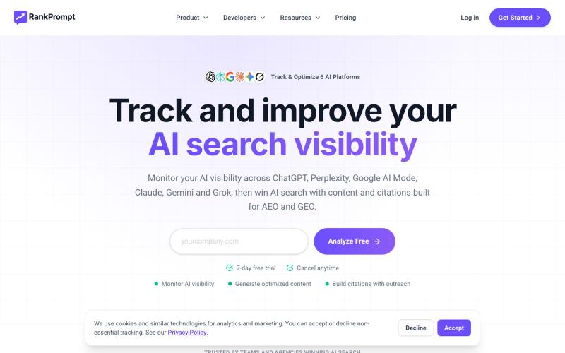 Rank Prompt | AI Search Visibility, AEO & GEO Tracking — screenshot