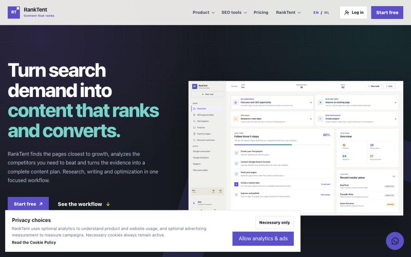 RankTent | SEO content planning and optimization — screenshot