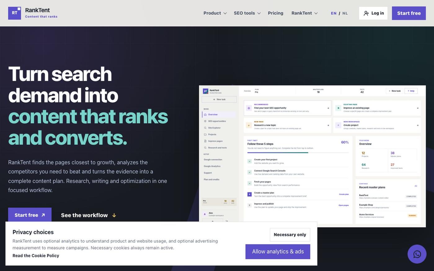 RankTent | SEO content planning and optimization — screenshot