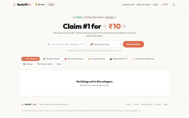 RankUP.in — India's Pay-to-Rank Advertising Leaderboard — screenshot