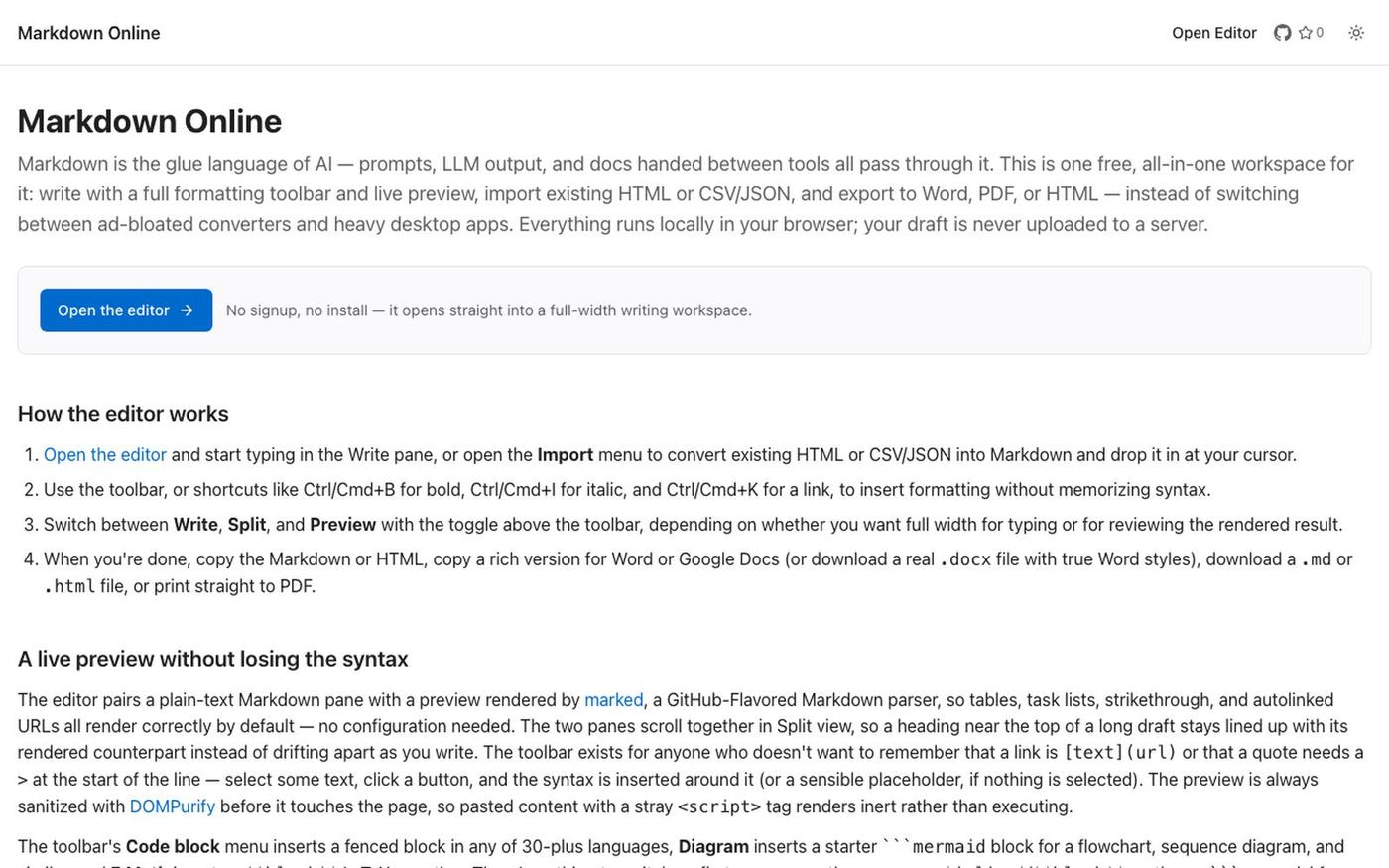 Markdown Online — Free Markdown Editor, Converter & Import Tool — screenshot