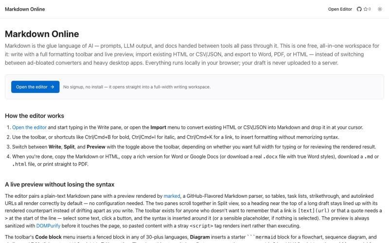 Markdown Online — Free Markdown Editor, Converter & Import Tool — screenshot