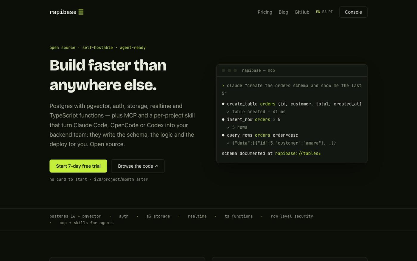 Rapibase — The backend for building with AI agents — screenshot