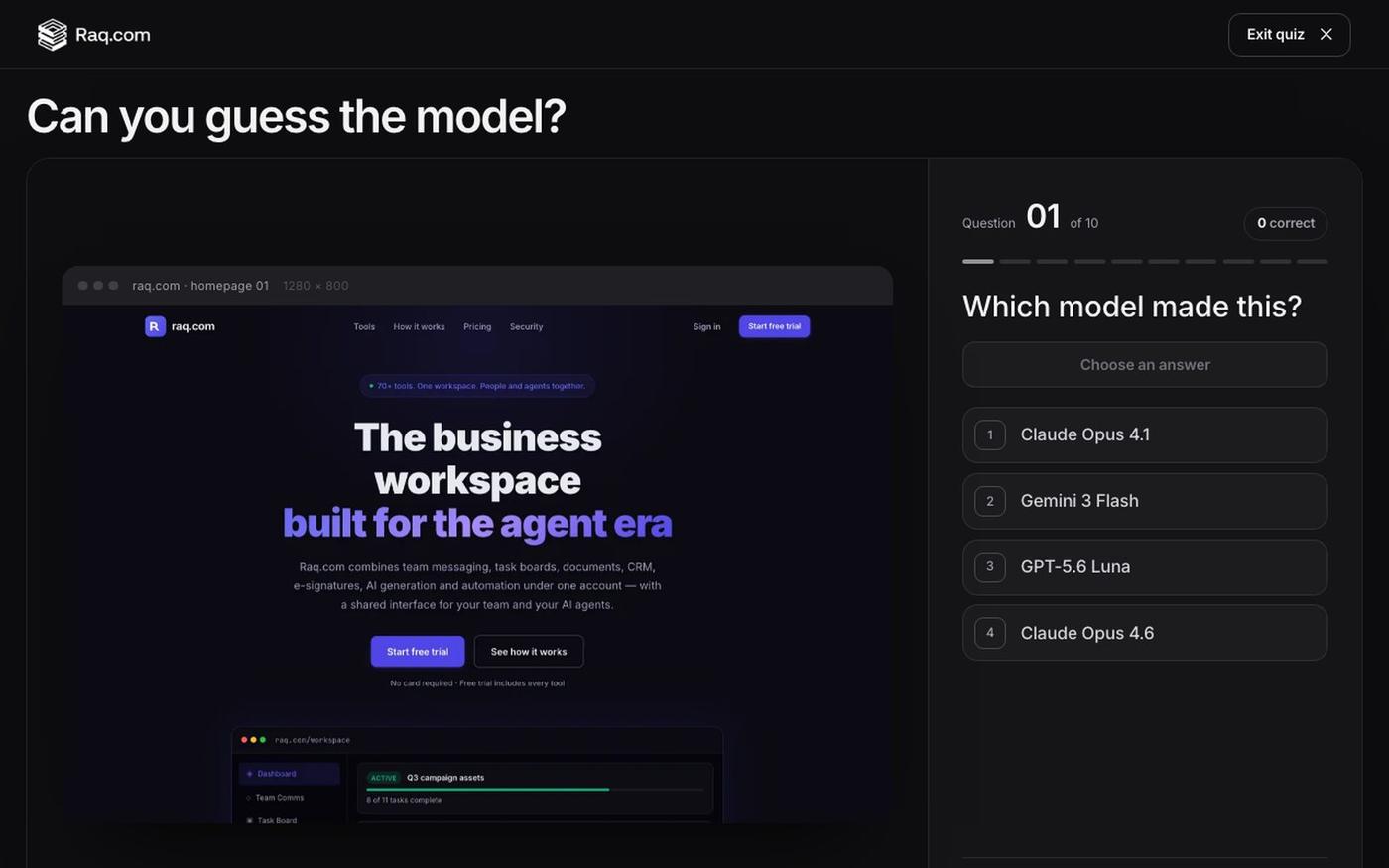 Guess the AI Website Design Model - Raq.com — screenshot