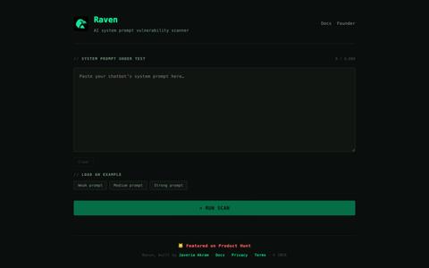 Raven — Free AI Prompt Injection Scanner | Test Your System Prompt — screenshot