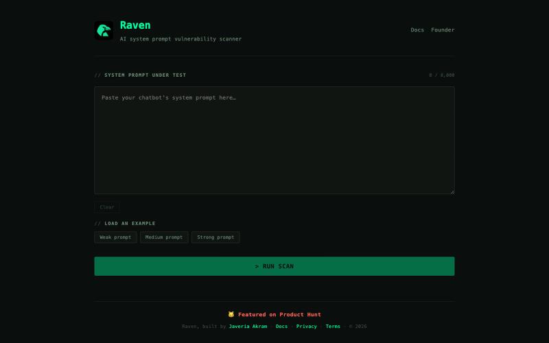Raven — Free AI Prompt Injection Scanner | Test Your System Prompt — screenshot