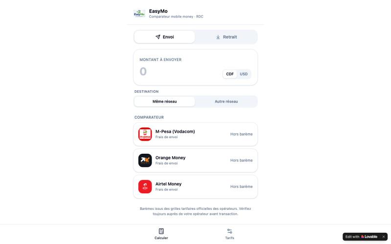 EasyMo — Calculateur & comparateur mobile money — screenshot