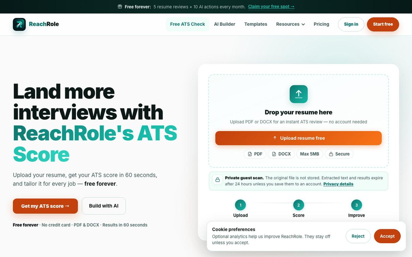 ReachRole — Free ATS Resume Checker | Tailor Resume to Job Description — screenshot