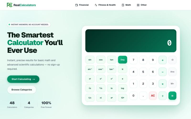 Free Online Calculators for Finance, Health & Math | RealCalculators — screenshot