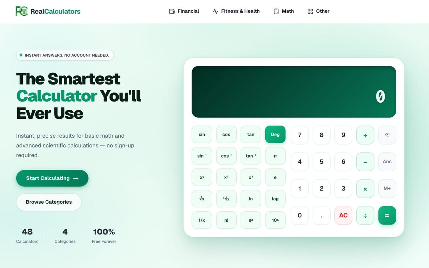 Free Online Calculators for Finance, Health & Math | RealCalculators — screenshot