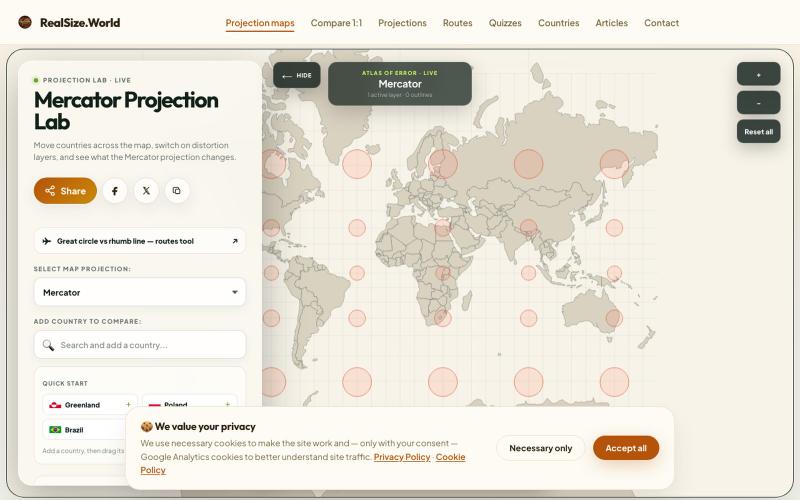 Mercator Projection map | RealSize.World — screenshot