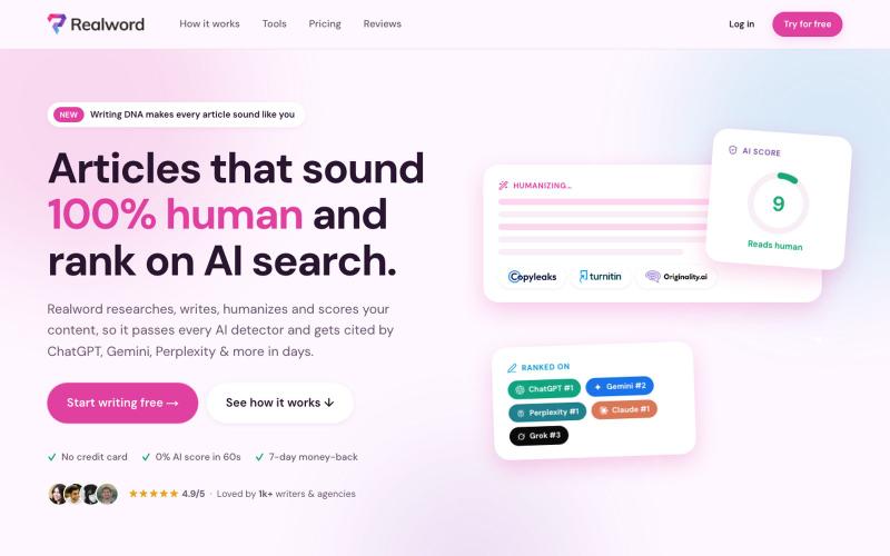 Realword - Articles That Sound 100% Human & Rank on AI Search — screenshot