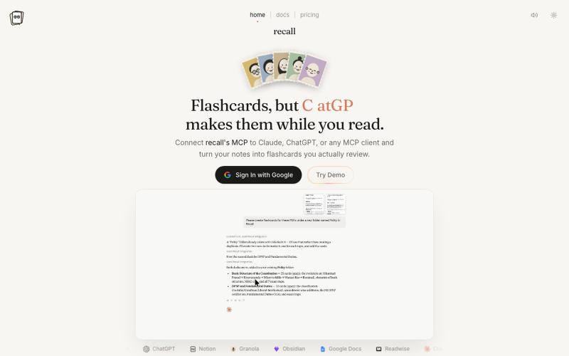 recall - flashcards your AI makes while you read — screenshot