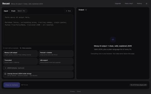 Recast — Clean, valid, explained JSON from messy AI output — screenshot