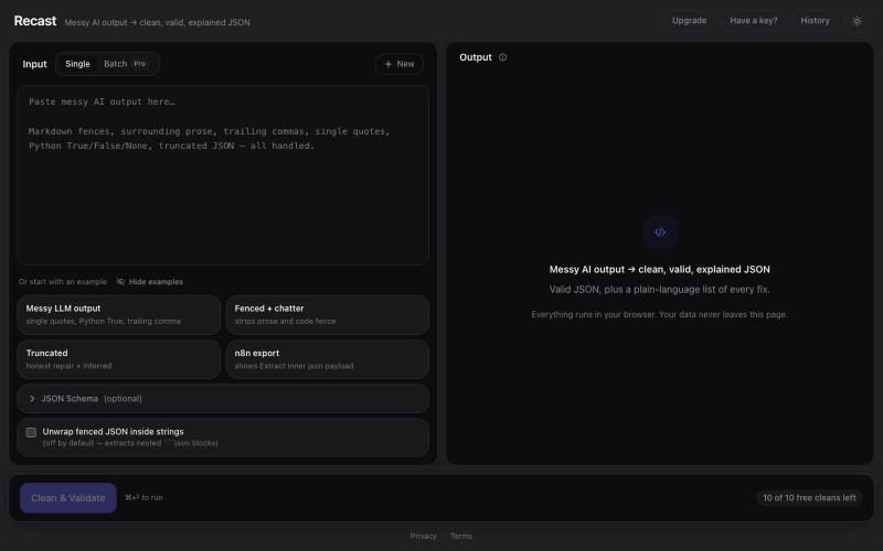 Recast — Clean, valid, explained JSON from messy AI output — screenshot