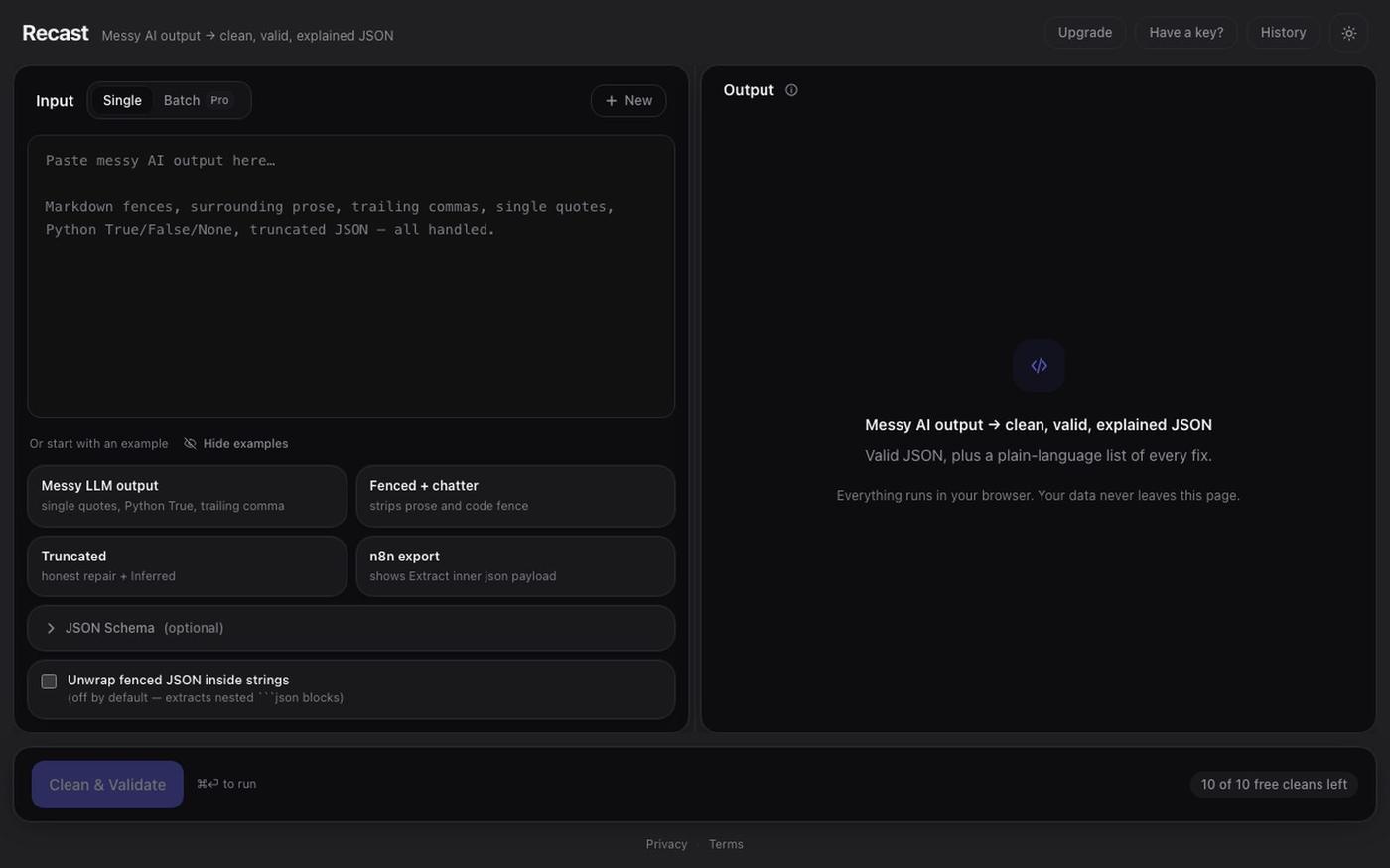 Recast — Clean, valid, explained JSON from messy AI output — screenshot
