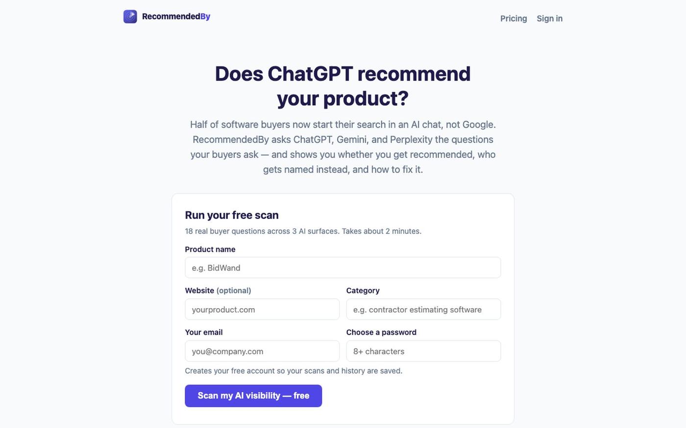 RecommendedBy — does ChatGPT recommend your product? — screenshot