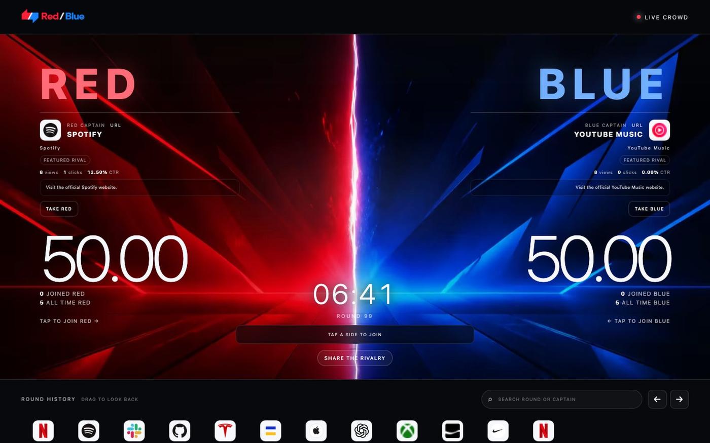 RED / BLUE — Live Public Visibility Arena — screenshot
