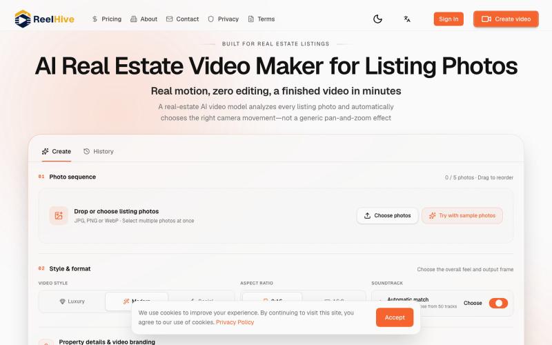 AI Real Estate Video Maker from Photos | ReelHive — screenshot