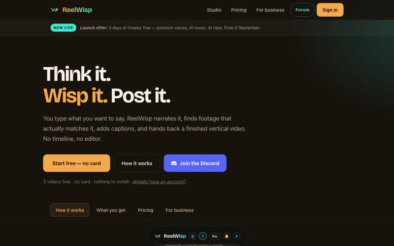 ReelWisp — think it, wisp it, post it — screenshot