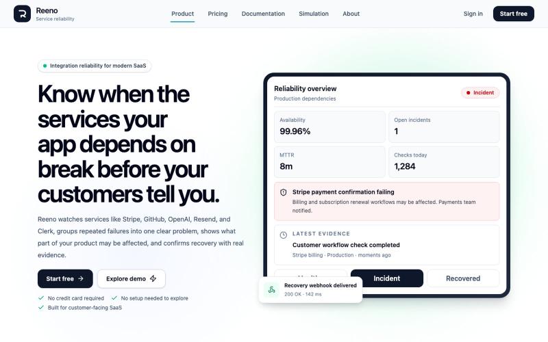 Reeno — Service Reliability for SaaS — screenshot