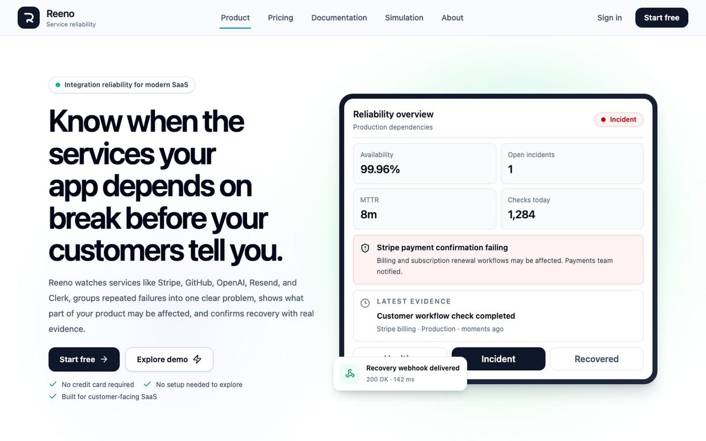 Reeno — Service Reliability for SaaS — screenshot