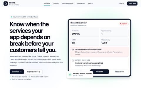Reeno — Service Reliability for SaaS — screenshot