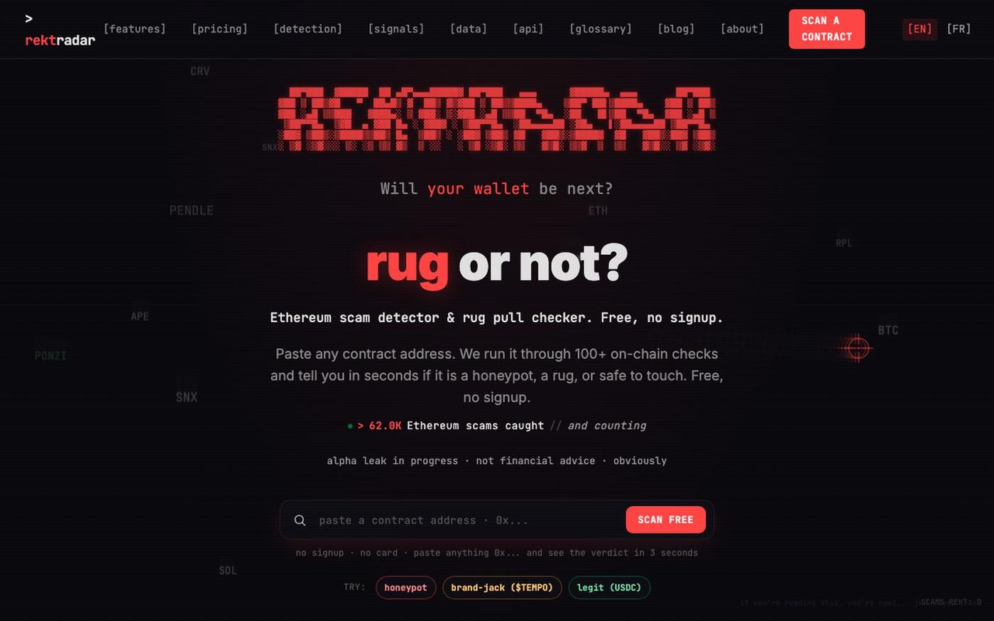 Free Ethereum Scam Checker - Detect Rug Pulls Fast | RektRadar — screenshot
