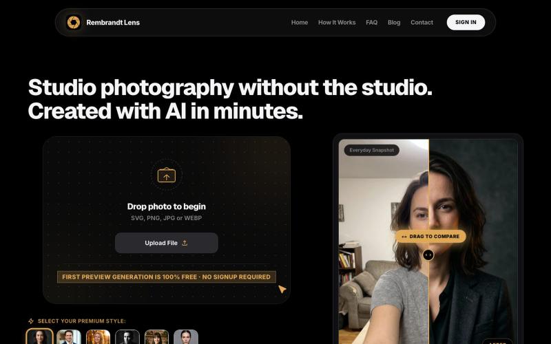 Rembrandt Lens — AI Headshot Generator | Professional Photos in Seconds — screenshot