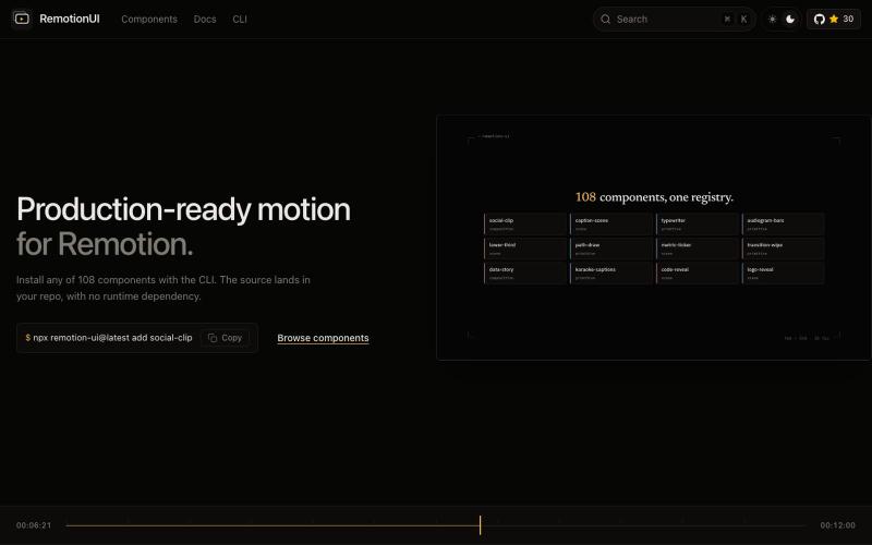 RemotionUI – Production-ready motion for Remotion. Source you own — screenshot