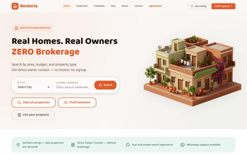 Rentoria — Find Verified Rentals | No Broker, No Commission — screenshot
