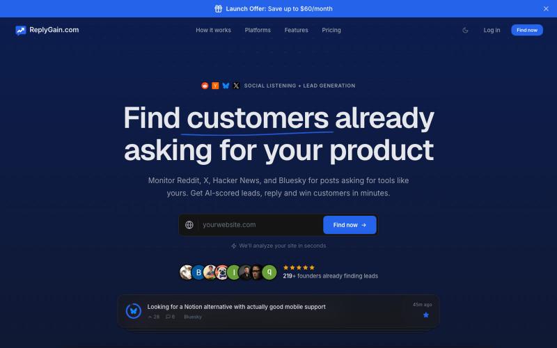 AI Lead Gen Tool for Reddit, HN, Bluesky & X | ReplyGain — screenshot