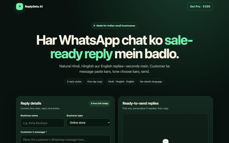 ReplySetu AI — WhatsApp Sales Reply Assistant — screenshot