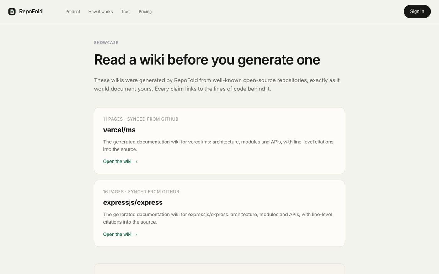 Showcase: live example wikis · RepoFold — screenshot