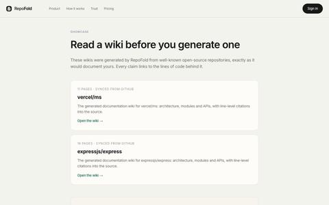 Showcase: live example wikis · RepoFold — screenshot