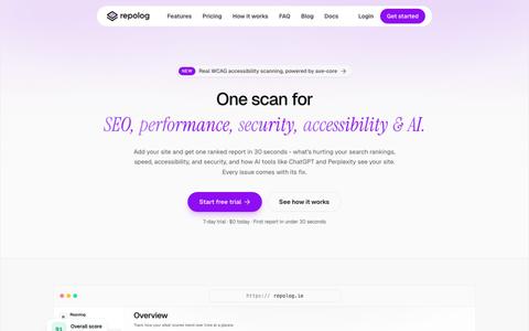 Repolog - SEO, Performance, Security & AI Readiness audits — screenshot