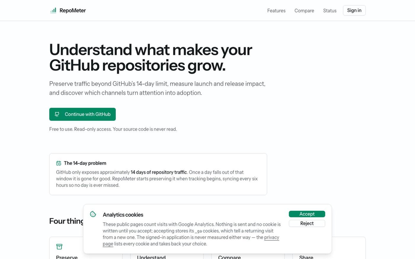 RepoMeter — GitHub traffic history that never expires — screenshot