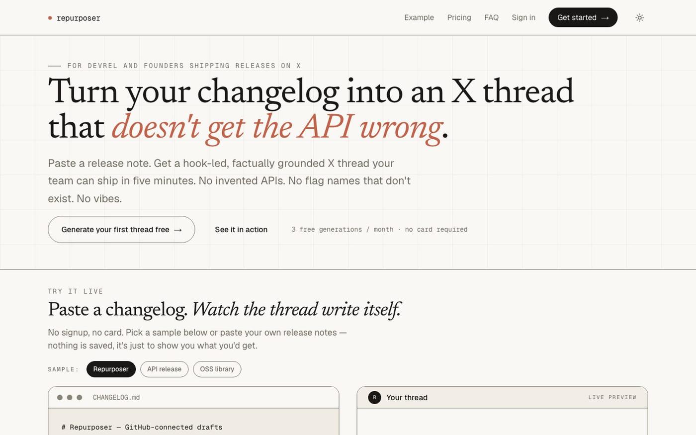 Repurposer — changelog → X thread that gets the API right — screenshot
