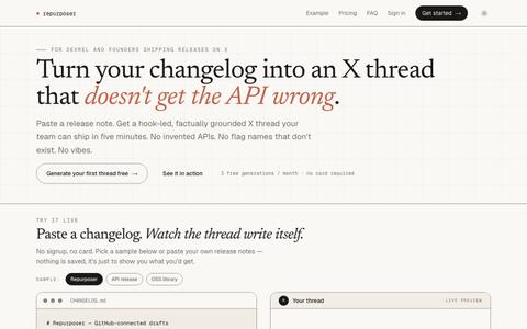 Repurposer — changelog → X thread that gets the API right — screenshot