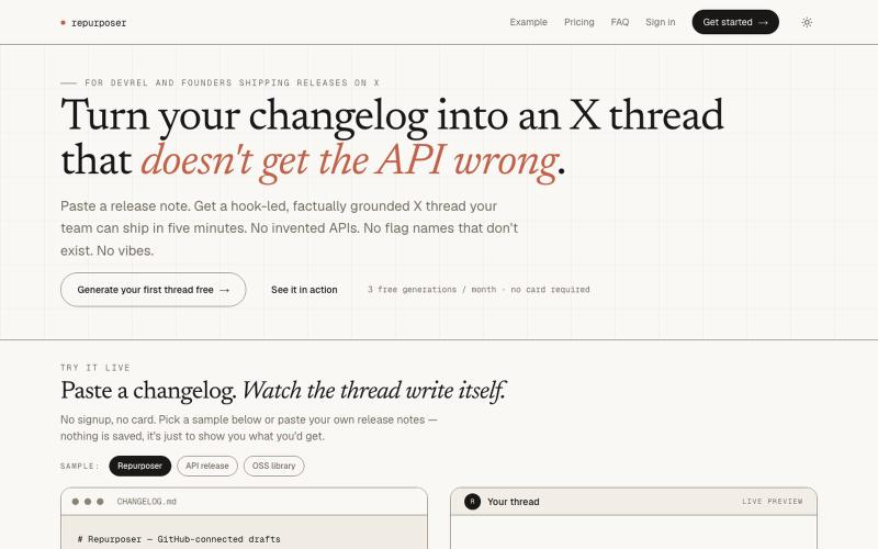 Repurposer — changelog → X thread that gets the API right — screenshot