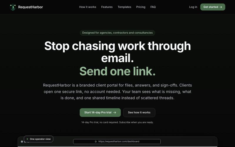 RequestHarbor — One link. Clear status. Proof of work. — screenshot