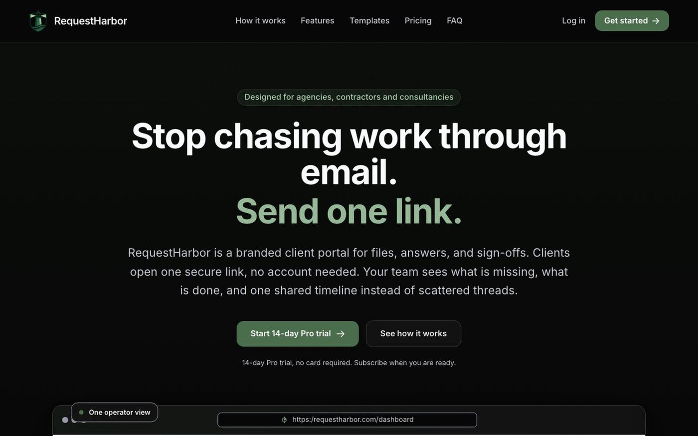 RequestHarbor — One link. Clear status. Proof of work. — screenshot